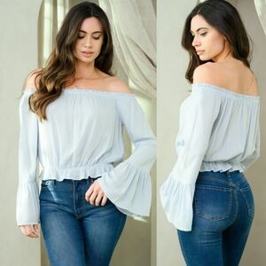 Off Shoulder Bell Sleeve Shimmer detail top